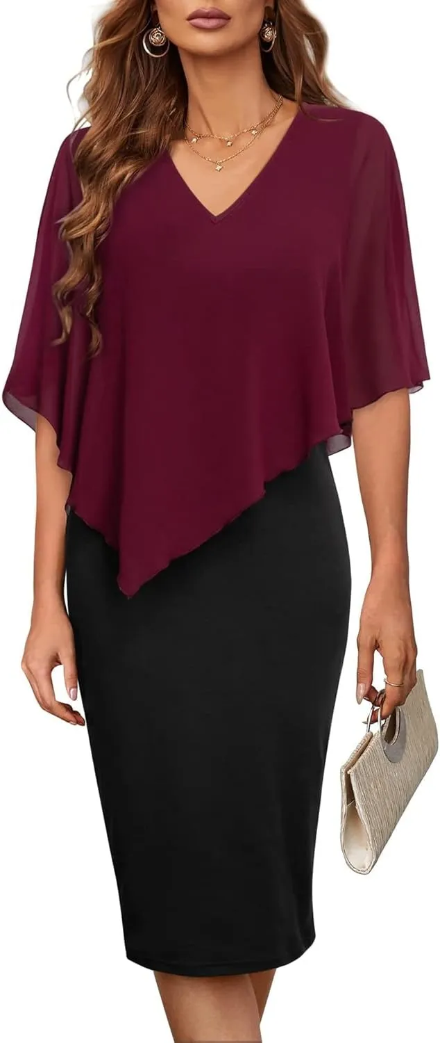 CHARTOU Women's Sleeveless Shawl Dress Formal V Neck Chiffon Cape Tank Pencil Bodycon Party Evening Dress