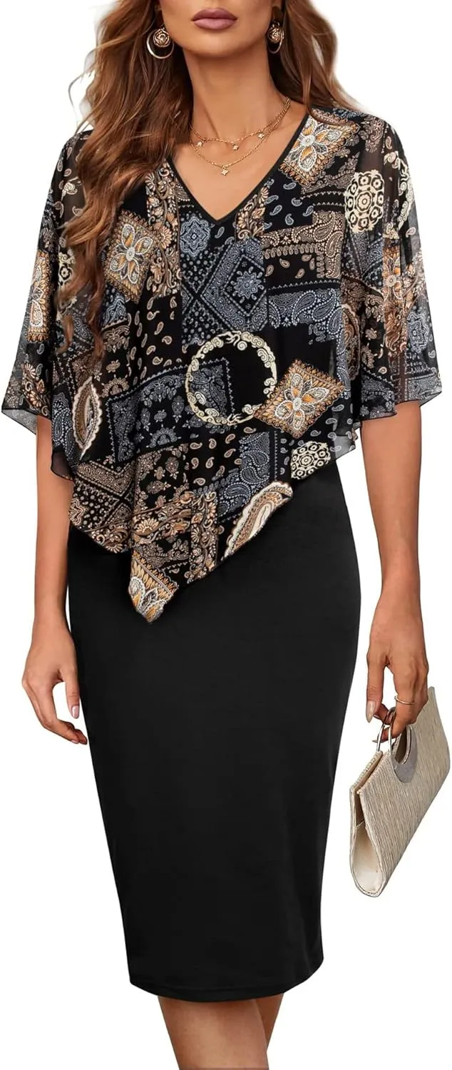 CHARTOU Women's Sleeveless Shawl Dress Formal V Neck Chiffon Cape Tank Pencil Bodycon Party Evening Dress