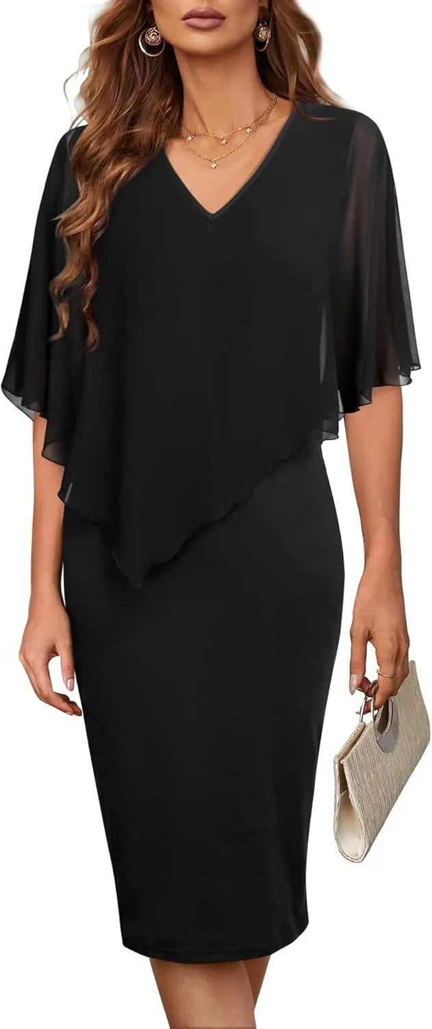 CHARTOU Women's Sleeveless Shawl Dress Formal V Neck Chiffon Cape Tank Pencil Bodycon Party Evening Dress