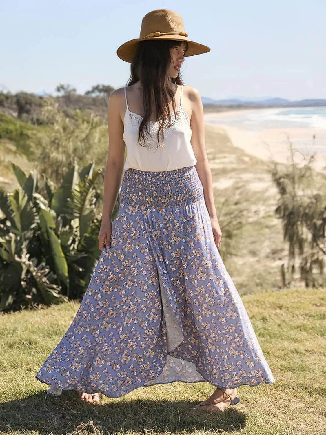 CHARTOU Women's Summer Beach Boho Floral Print Elastic Smocked Waist Ruffle Flowy Swing Maxi Skirt