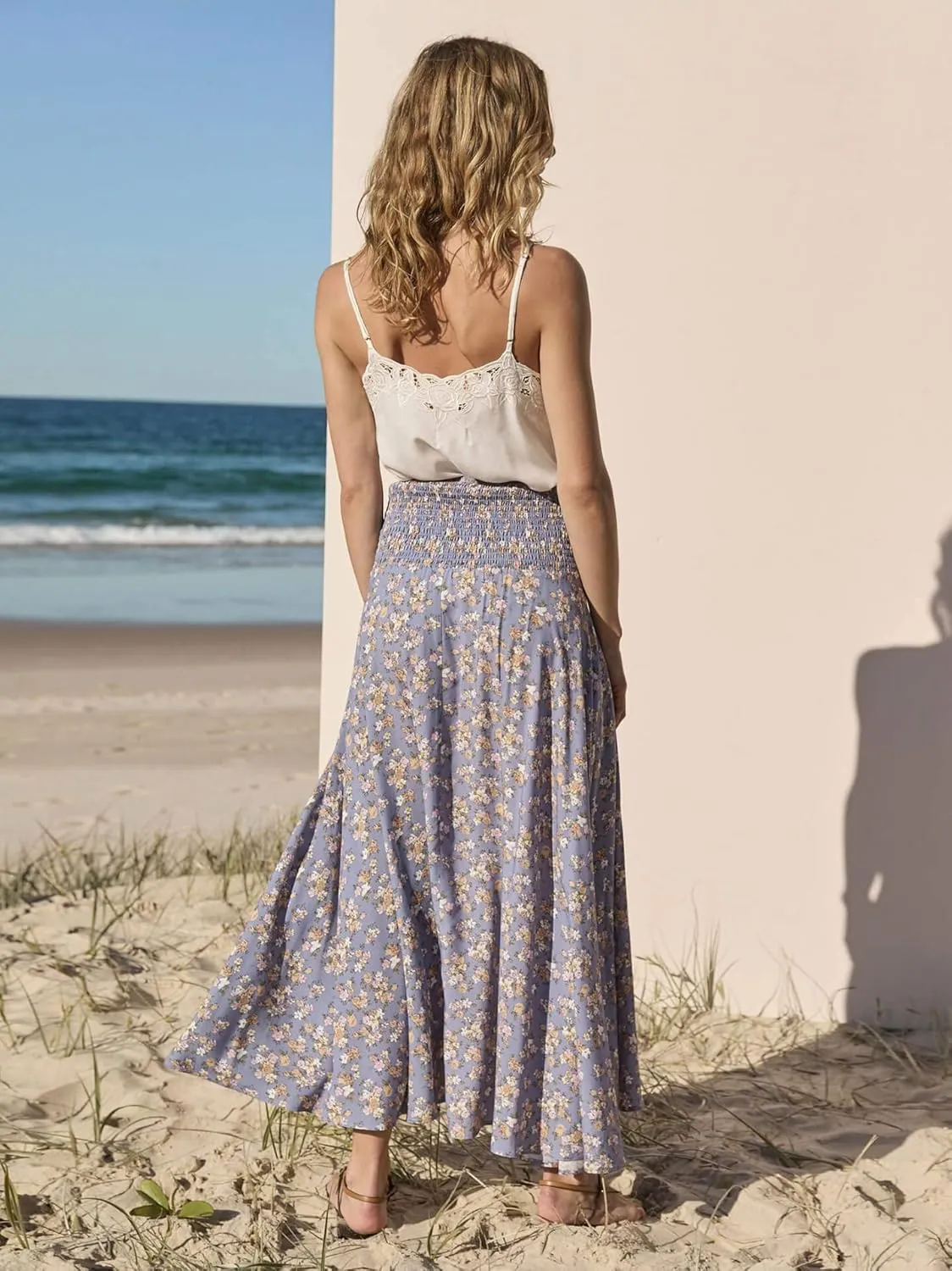 CHARTOU Women's Summer Beach Boho Floral Print Elastic Smocked Waist Ruffle Flowy Swing Maxi Skirt