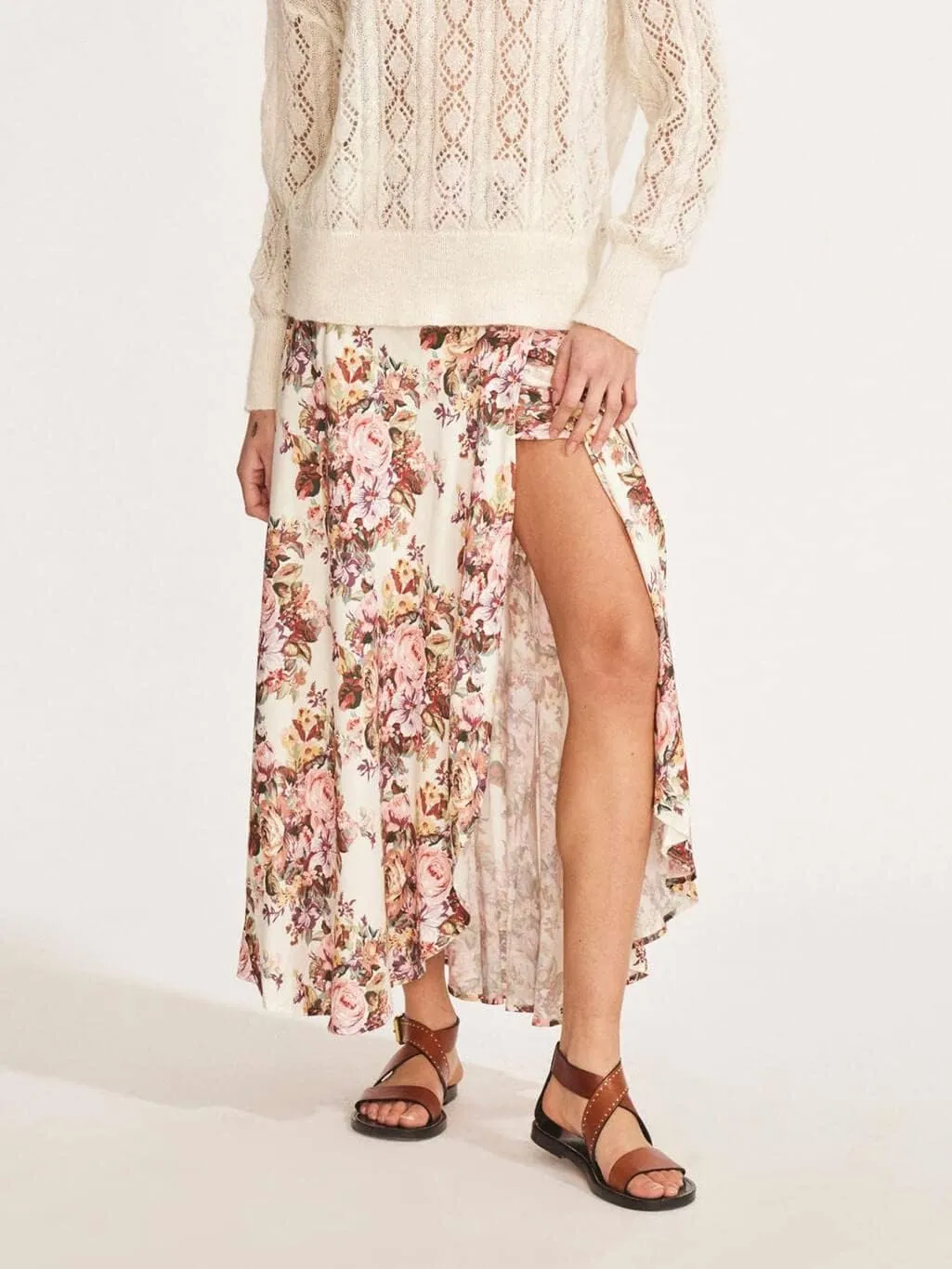 CHARTOU Women's Summer Beach Boho Floral Print Elastic Smocked Waist Ruffle Flowy Swing Maxi Skirt