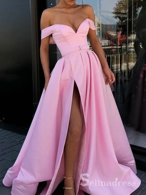 Chic A-line Off-the-shoulder Satin Long Prom Dresses Cheap Evening Dress CBD206
