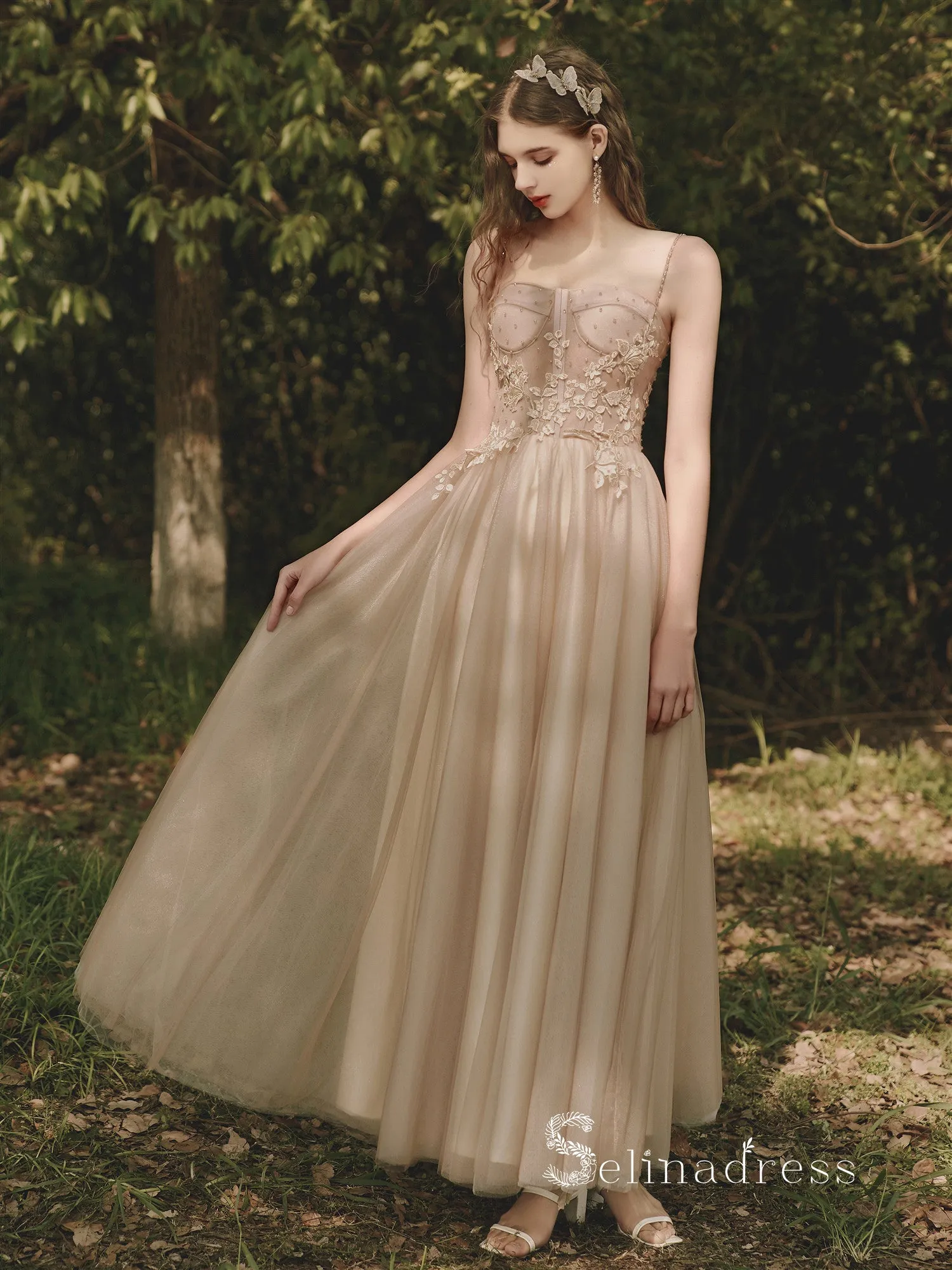 Chic A-line Spaghetti Straps Beaded Long Prom Dresses Lace Evening Gowns CBD166