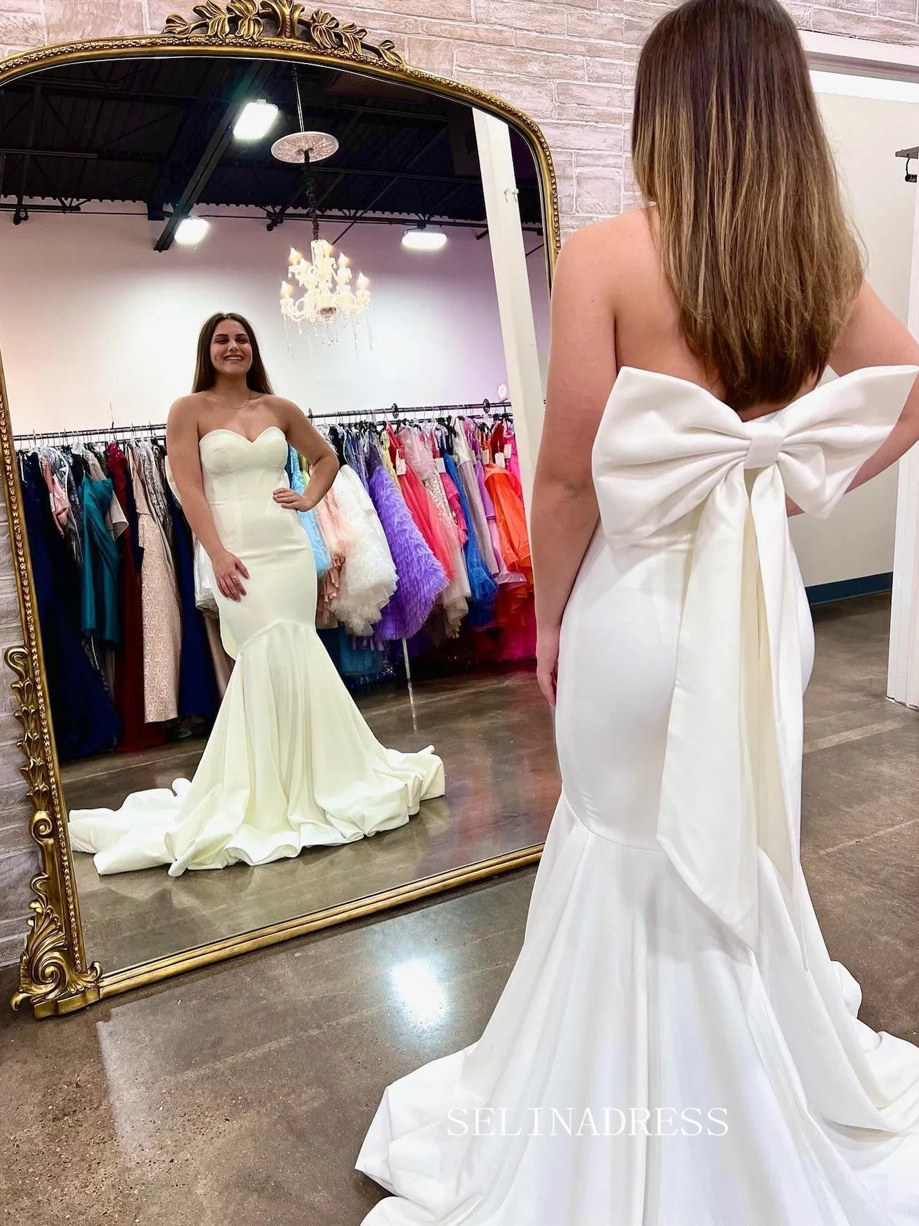 Chic Mermaid Sweetheart White Long Prom Dress Back Bow Elegant Evening Dress #OPW001
