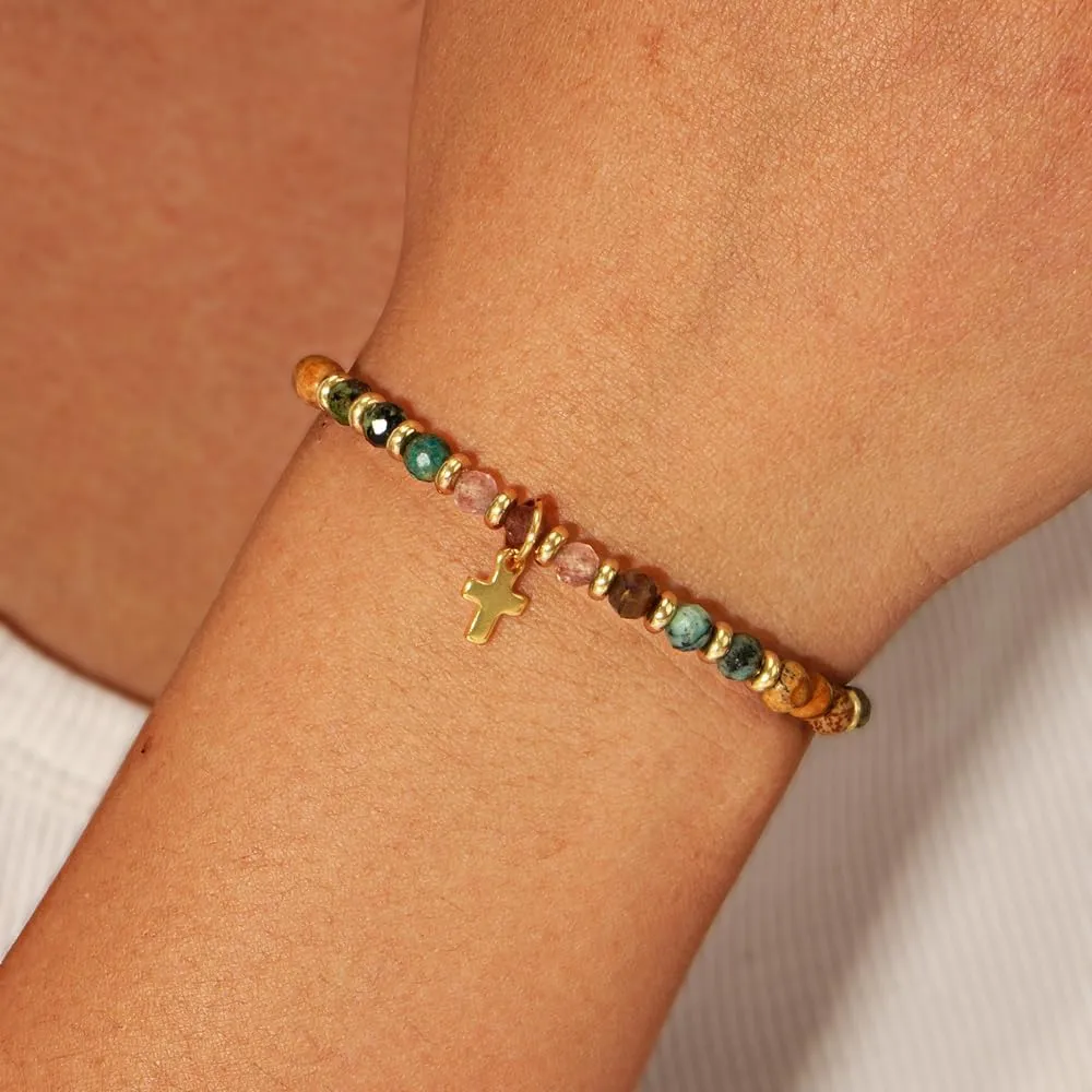 Christian Gold Cross Bracelets for Women Faith Easter Catholic Religious Christian Jewelry, Meaningful Baptism Communion Natural Beads Bracelet Gift.