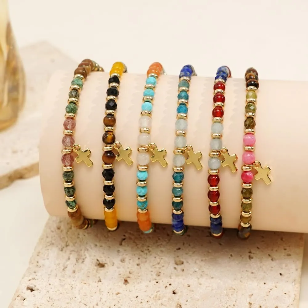 Christian Gold Cross Bracelets for Women Faith Easter Catholic Religious Christian Jewelry, Meaningful Baptism Communion Natural Beads Bracelet Gift.