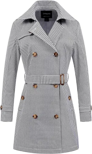 Chrisuno Women's Double Breasted Trench Coats Mid-Length Belted Overcoat Long Dress Jacket with Detachable Hood
