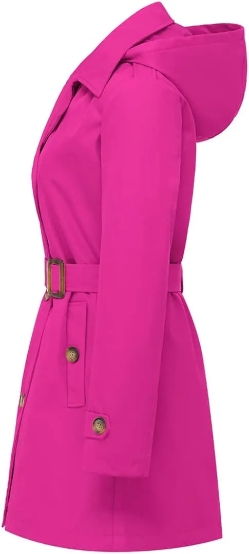 Chrisuno Women's Double Breasted Trench Coats Mid-Length Belted Overcoat Long Dress Jacket with Detachable Hood