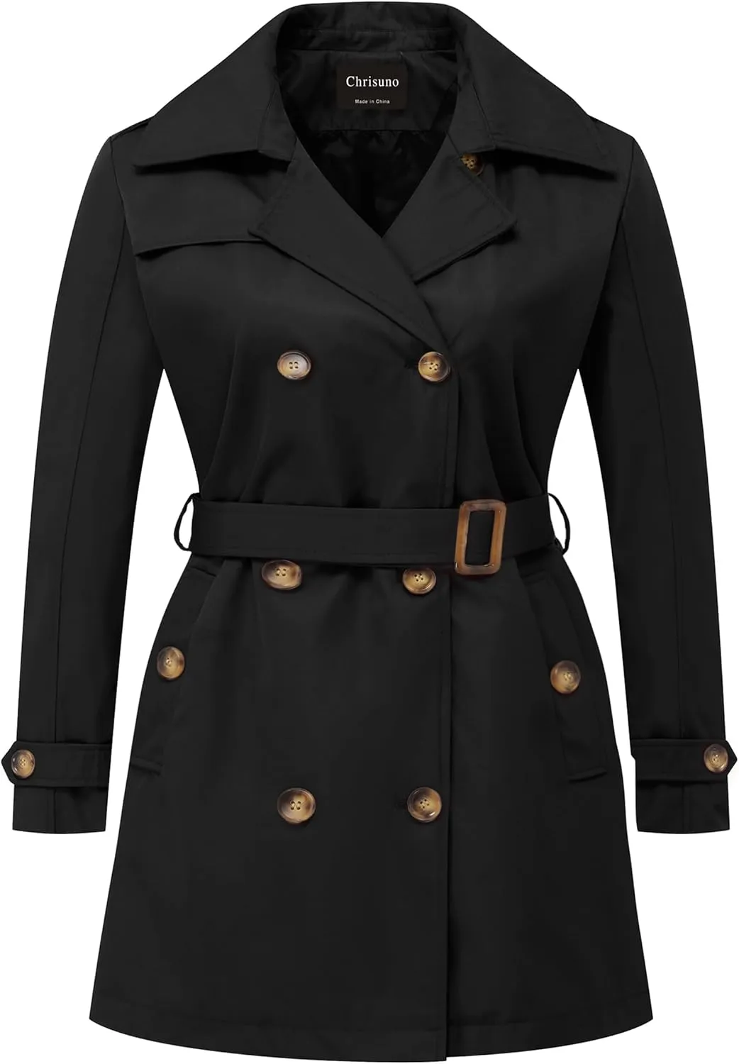 Chrisuno Women's Plus Size Double Breasted Trench Coats Mid-Length Belted Overcoat Dress Jacket with Detachable Hood