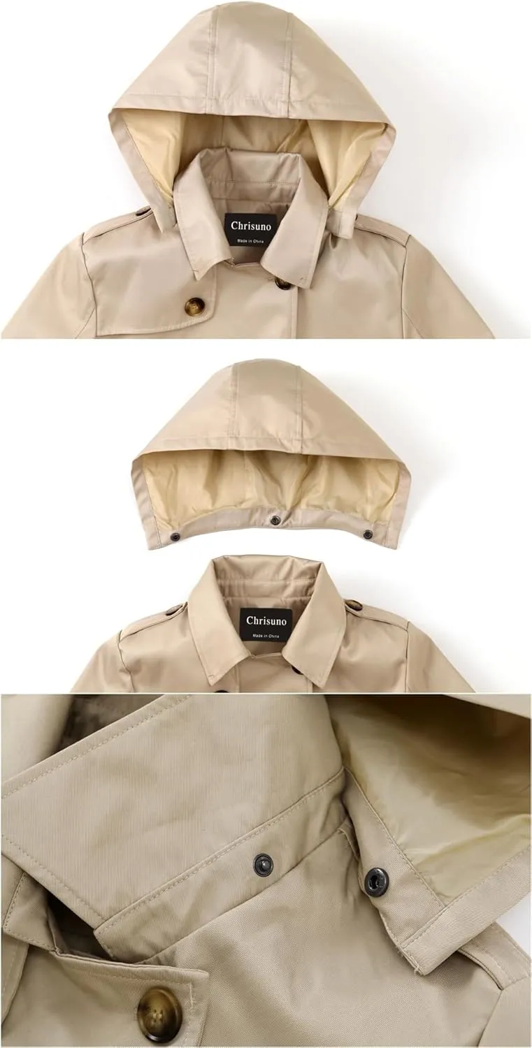 Chrisuno Women's Plus Size Double Breasted Trench Coats Mid-Length Belted Overcoat Dress Jacket with Detachable Hood