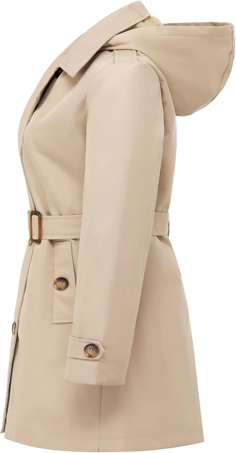 Chrisuno Women's Plus Size Double Breasted Trench Coats Mid-Length Belted Overcoat Dress Jacket with Detachable Hood