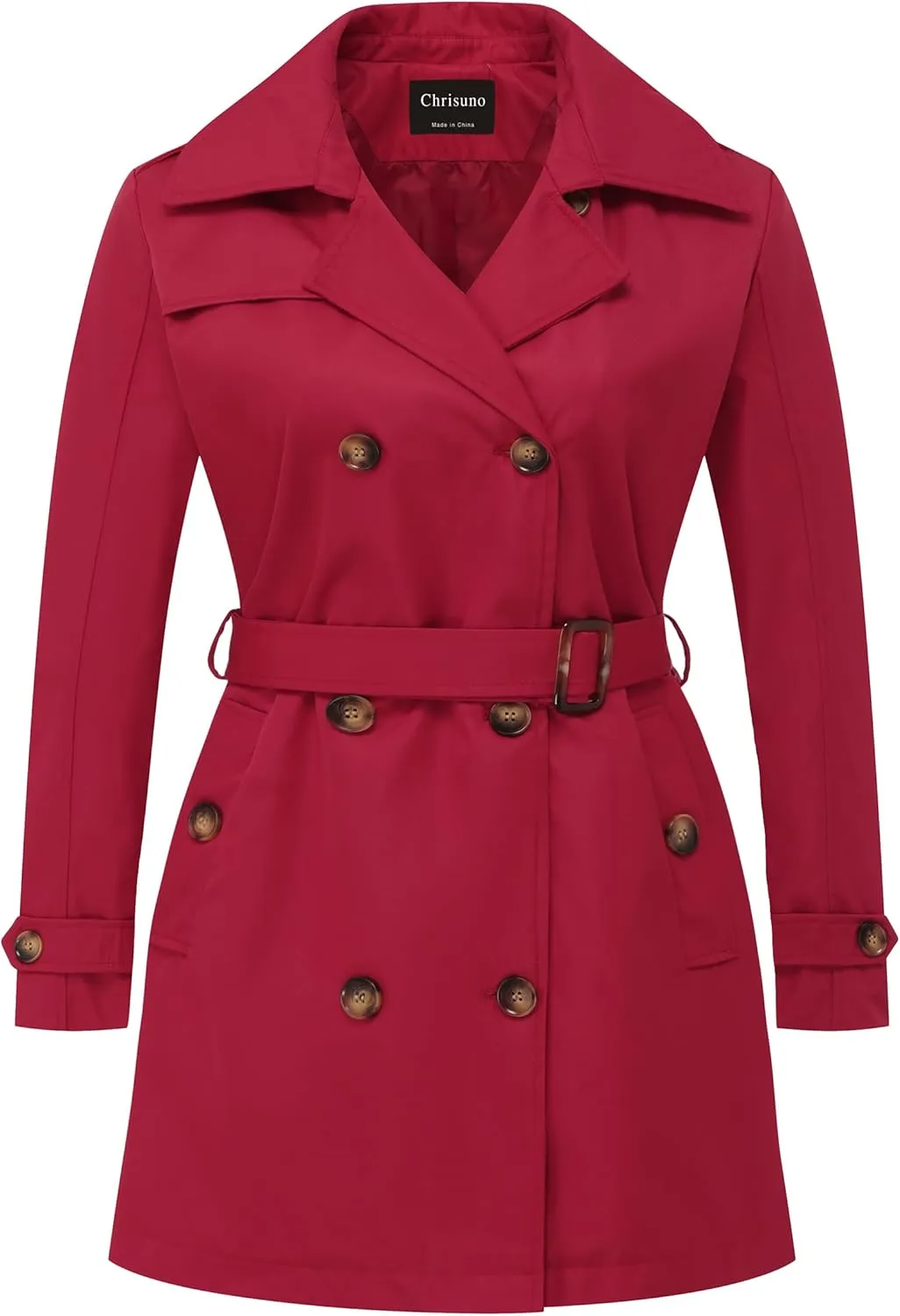 Chrisuno Women's Plus Size Double Breasted Trench Coats Mid-Length Belted Overcoat Dress Jacket with Detachable Hood