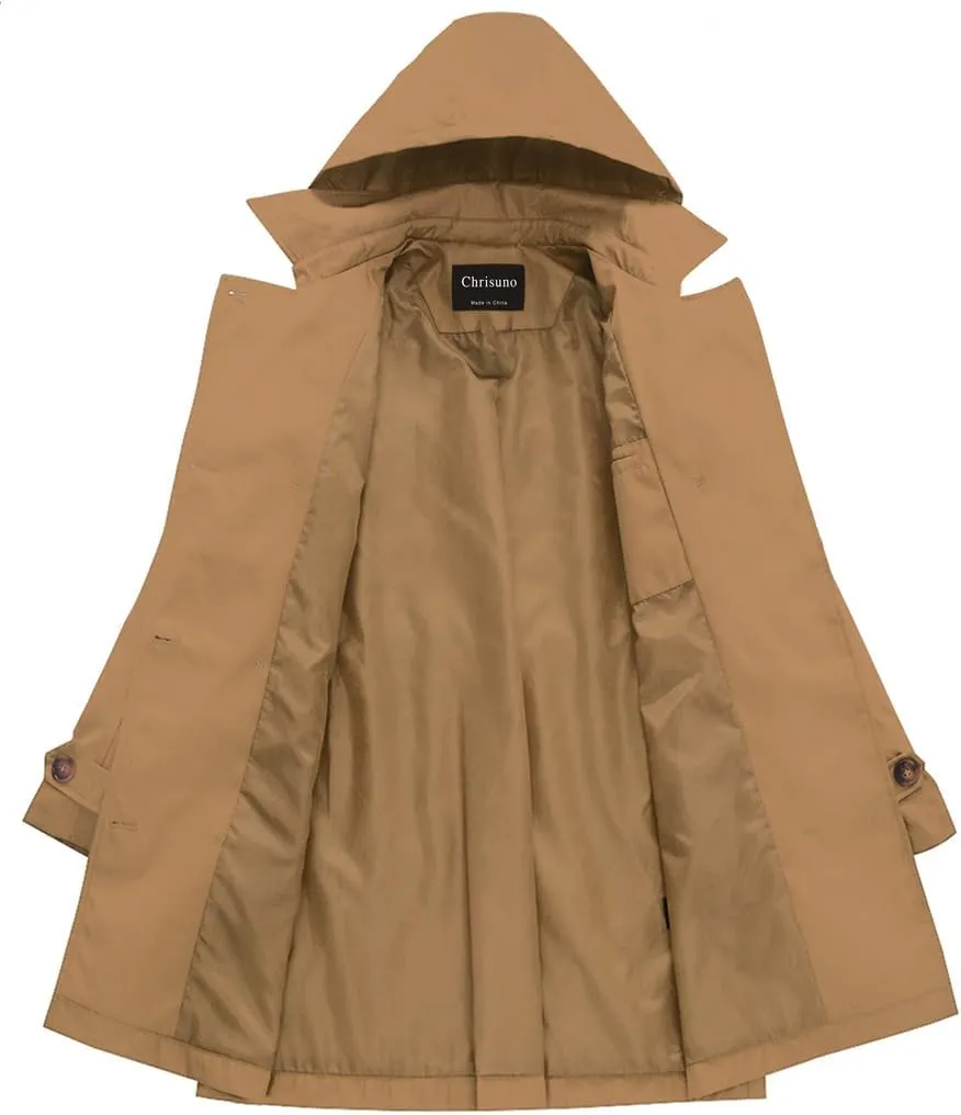 Chrisuno Women's Plus Size Double Breasted Trench Coats Mid-Length Belted Overcoat Dress Jacket with Detachable Hood