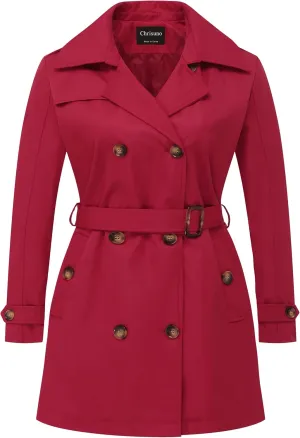 Chrisuno Women's Plus Size Double Breasted Trench Coats Mid-Length Belted Overcoat Dress Jacket with Detachable Hood