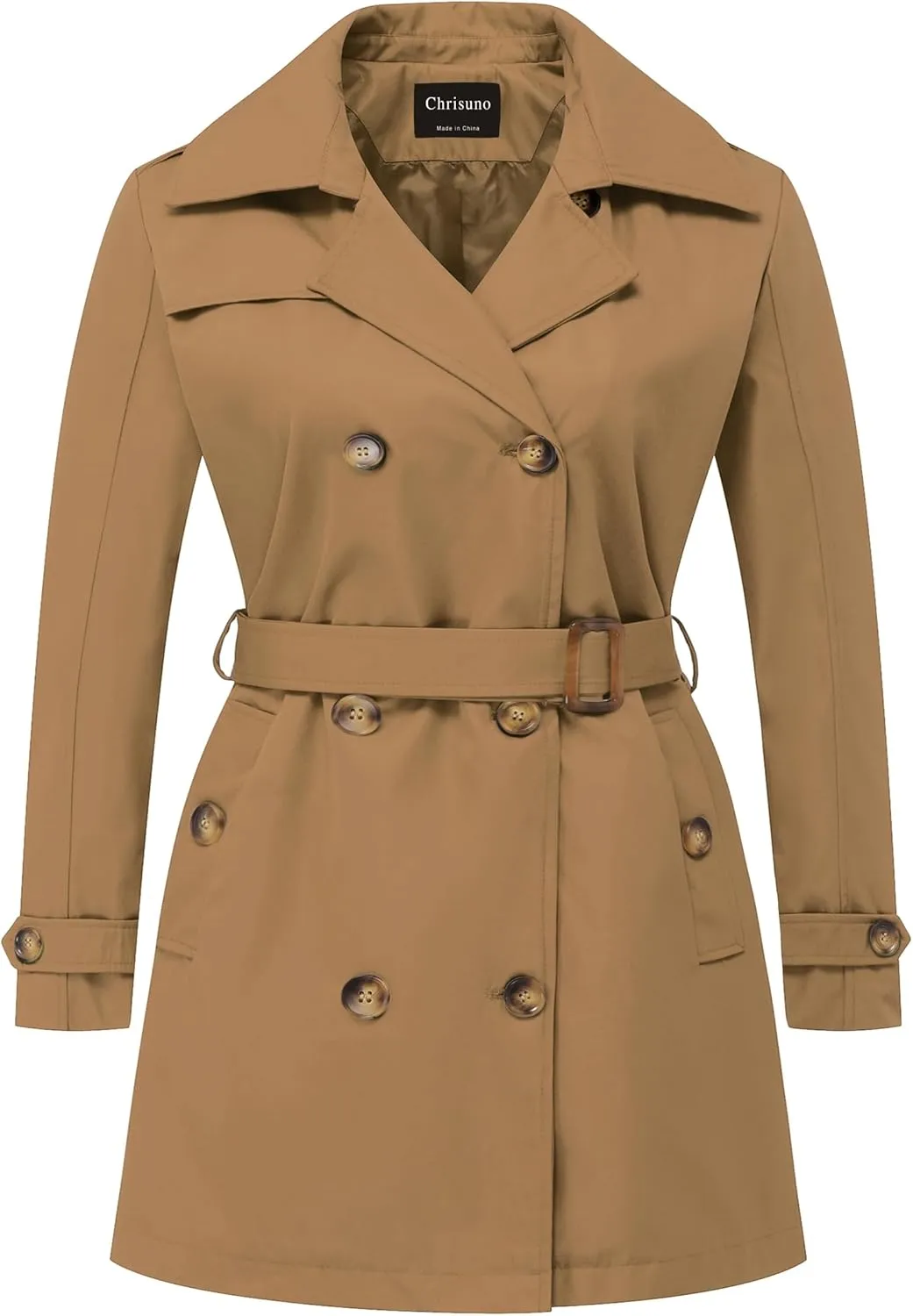 Chrisuno Women's Plus Size Double Breasted Trench Coats Mid-Length Belted Overcoat Dress Jacket with Detachable Hood