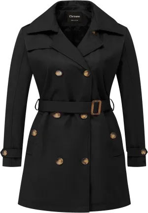 Chrisuno Women's Plus Size Double Breasted Trench Coats Mid-Length Belted Overcoat Dress Jacket with Detachable Hood