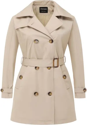 Chrisuno Women's Plus Size Double Breasted Trench Coats Mid-Length Belted Overcoat Dress Jacket with Detachable Hood