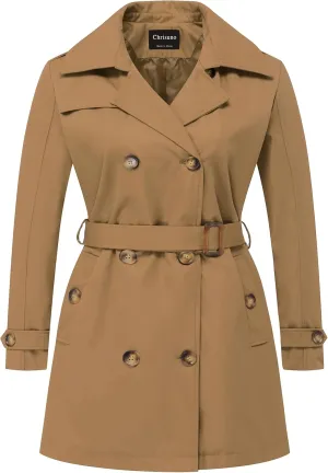 Chrisuno Women's Plus Size Double Breasted Trench Coats Mid-Length Belted Overcoat Dress Jacket with Detachable Hood