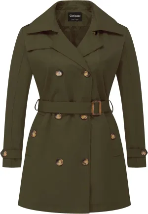 Chrisuno Women's Plus Size Double Breasted Trench Coats Mid-Length Belted Overcoat Dress Jacket with Detachable Hood