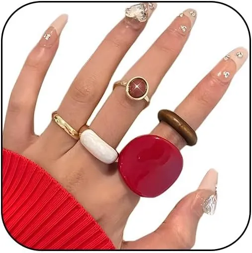 Chunky Big Red Band Rings Set for Women Y2k Statement Large Resin Acrylic Plastic Knuckle Thumb Finger Stacked Gold Dome Cocktail Ring Stack Jewelry