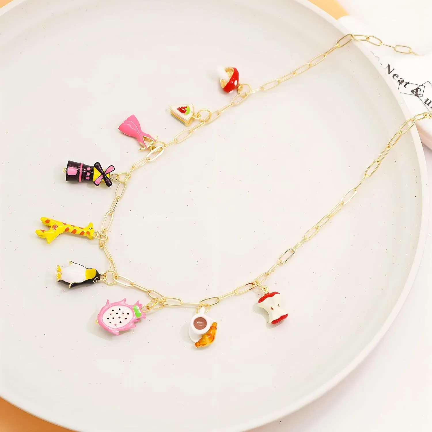 Chunky Gold Charm Necklace for Women DIY Fruit Seashell Beach Charm Necklaces Sun Moon Coins Silver Punk Paperclip Chain Necklaces