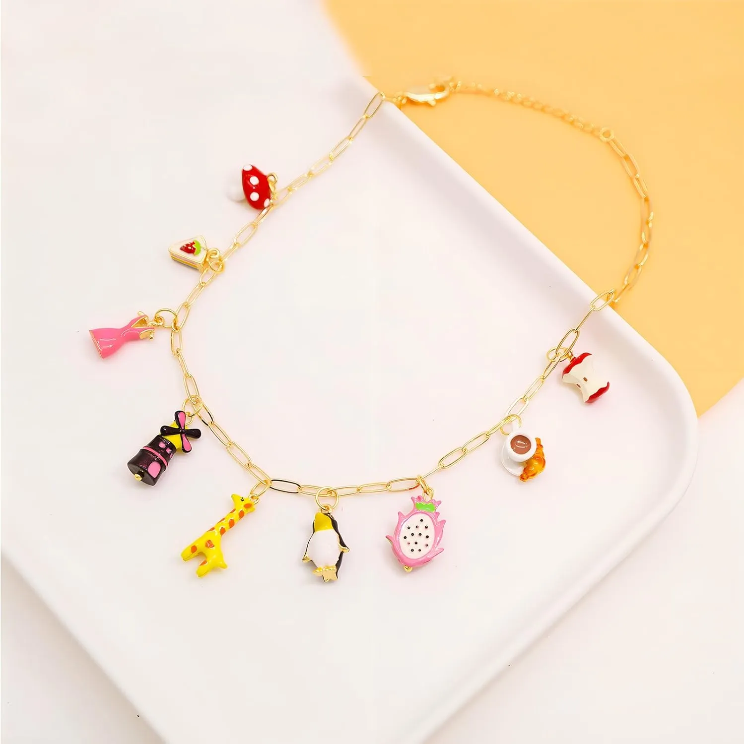 Chunky Gold Charm Necklace for Women DIY Fruit Seashell Beach Charm Necklaces Sun Moon Coins Silver Punk Paperclip Chain Necklaces