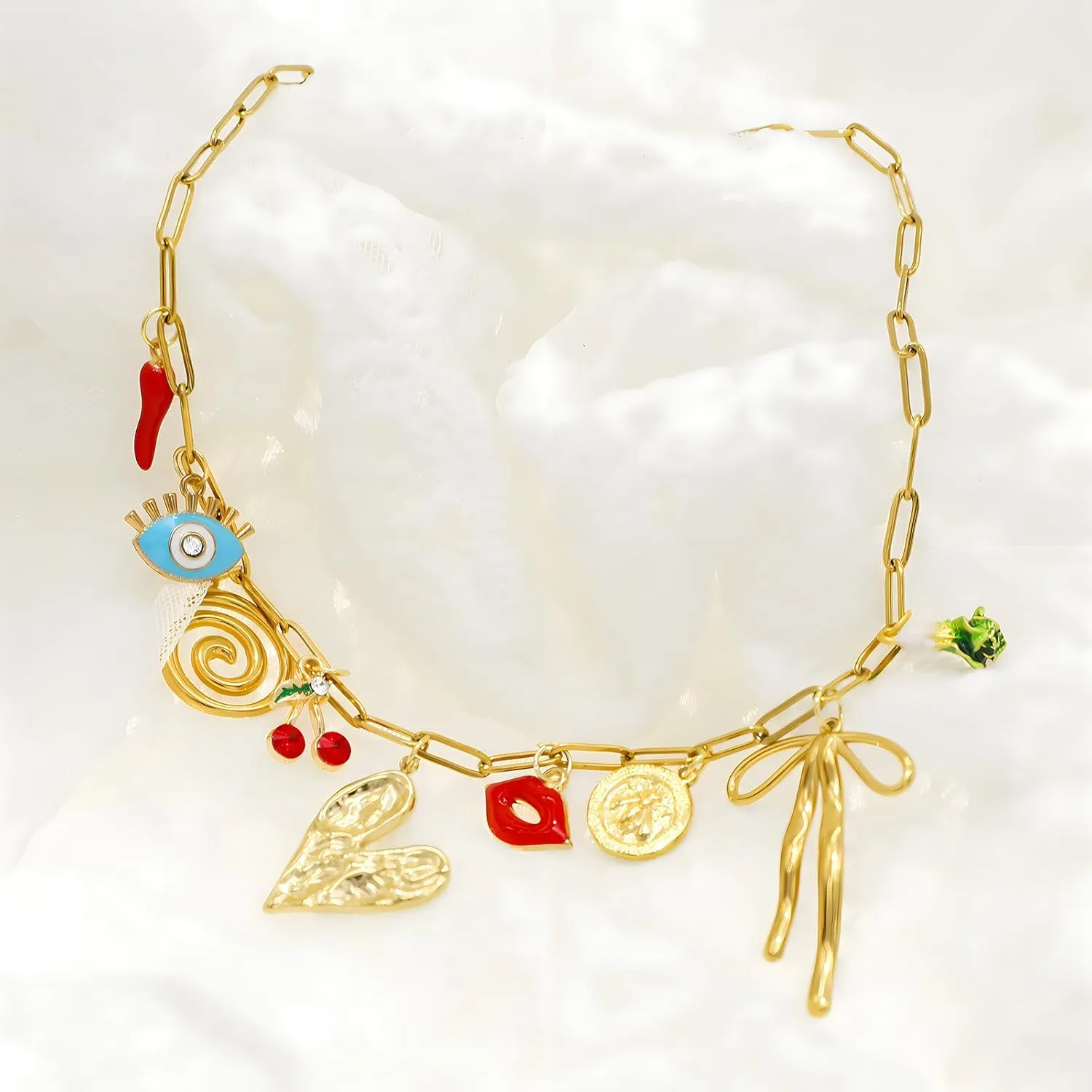 Chunky Gold Charm Necklace for Women DIY Fruit Seashell Beach Charm Necklaces Sun Moon Coins Silver Punk Paperclip Chain Necklaces
