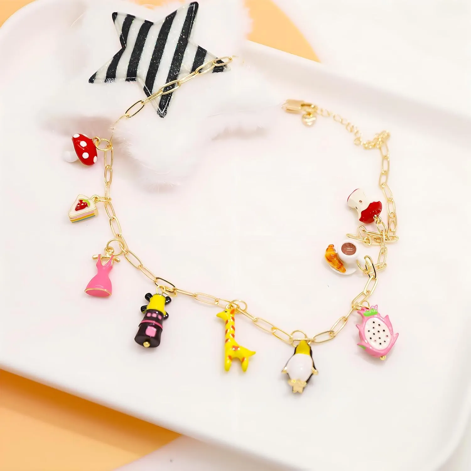 Chunky Gold Charm Necklace for Women DIY Fruit Seashell Beach Charm Necklaces Sun Moon Coins Silver Punk Paperclip Chain Necklaces
