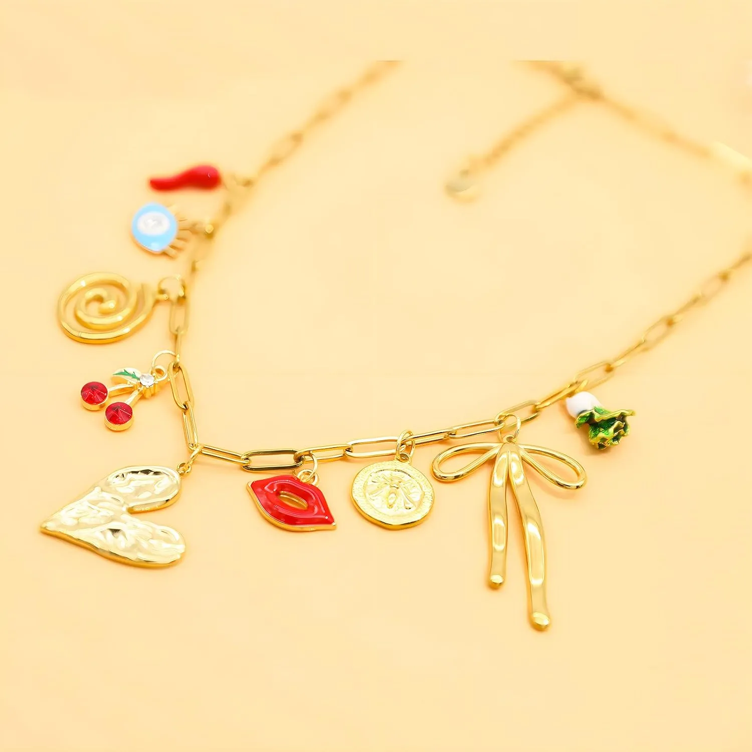 Chunky Gold Charm Necklace for Women DIY Fruit Seashell Beach Charm Necklaces Sun Moon Coins Silver Punk Paperclip Chain Necklaces