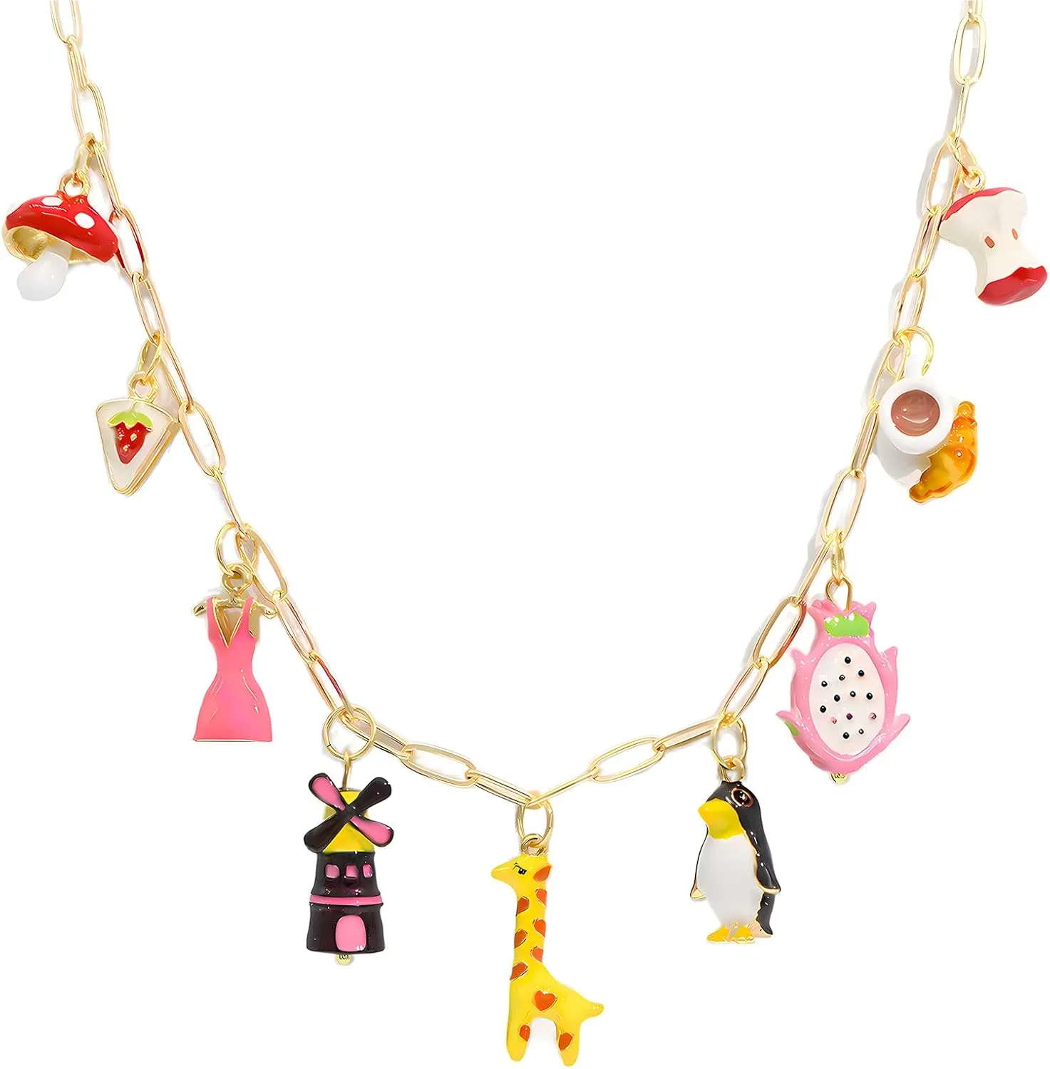 Chunky Gold Charm Necklace for Women DIY Fruit Seashell Beach Charm Necklaces Sun Moon Coins Silver Punk Paperclip Chain Necklaces