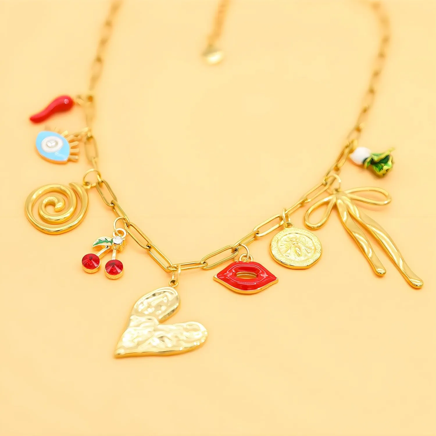 Chunky Gold Charm Necklace for Women DIY Fruit Seashell Beach Charm Necklaces Sun Moon Coins Silver Punk Paperclip Chain Necklaces