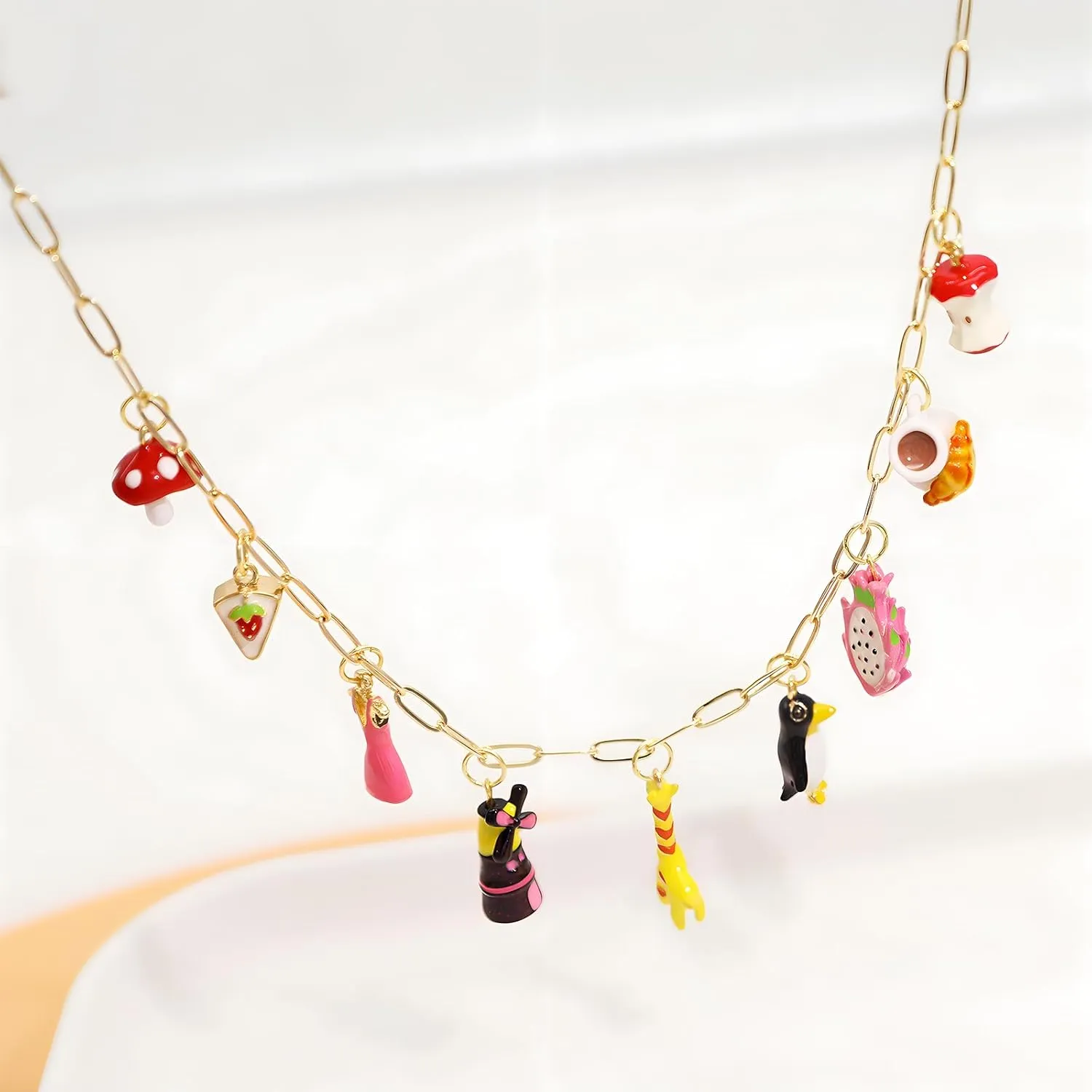 Chunky Gold Charm Necklace for Women DIY Fruit Seashell Beach Charm Necklaces Sun Moon Coins Silver Punk Paperclip Chain Necklaces