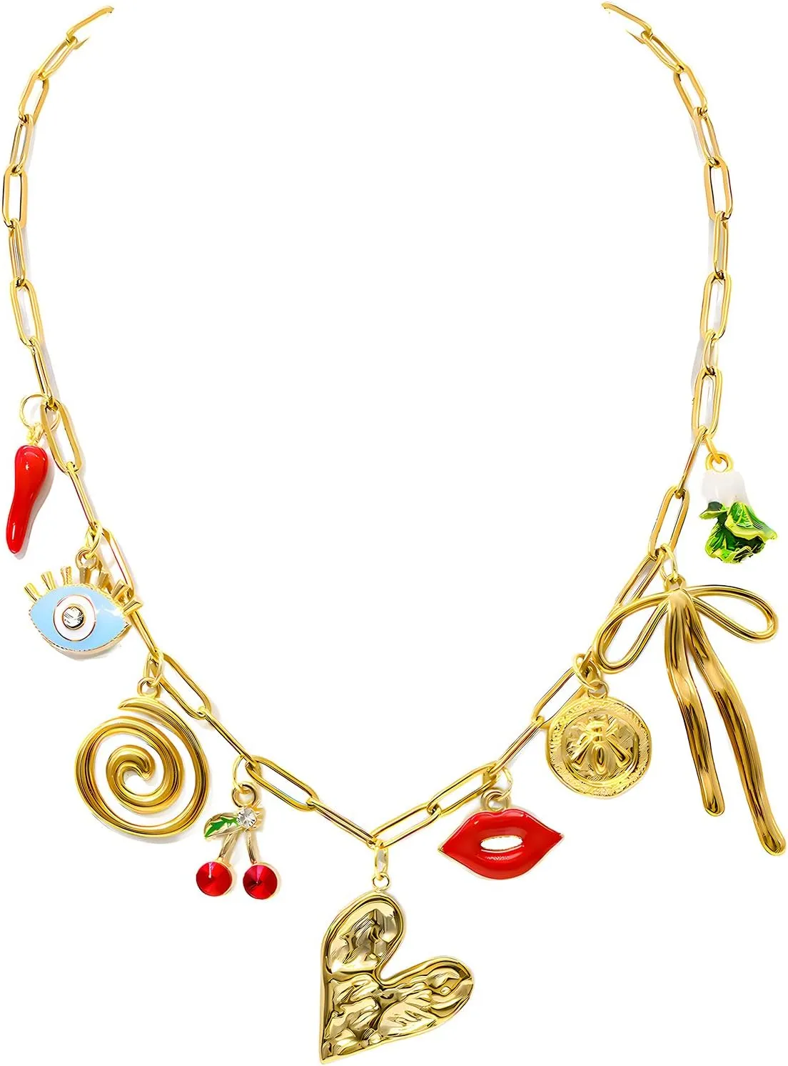 Chunky Gold Charm Necklace for Women DIY Fruit Seashell Beach Charm Necklaces Sun Moon Coins Silver Punk Paperclip Chain Necklaces