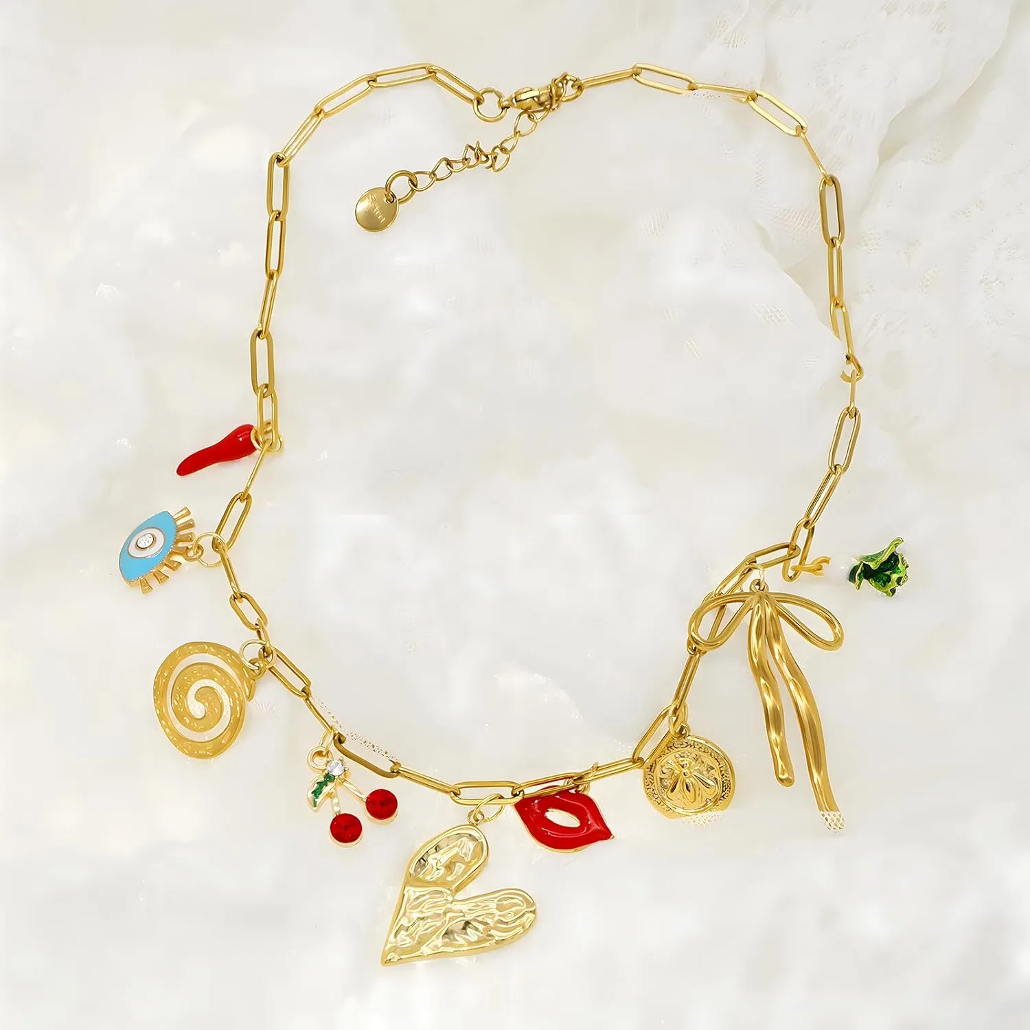 Chunky Gold Charm Necklace for Women DIY Fruit Seashell Beach Charm Necklaces Sun Moon Coins Silver Punk Paperclip Chain Necklaces