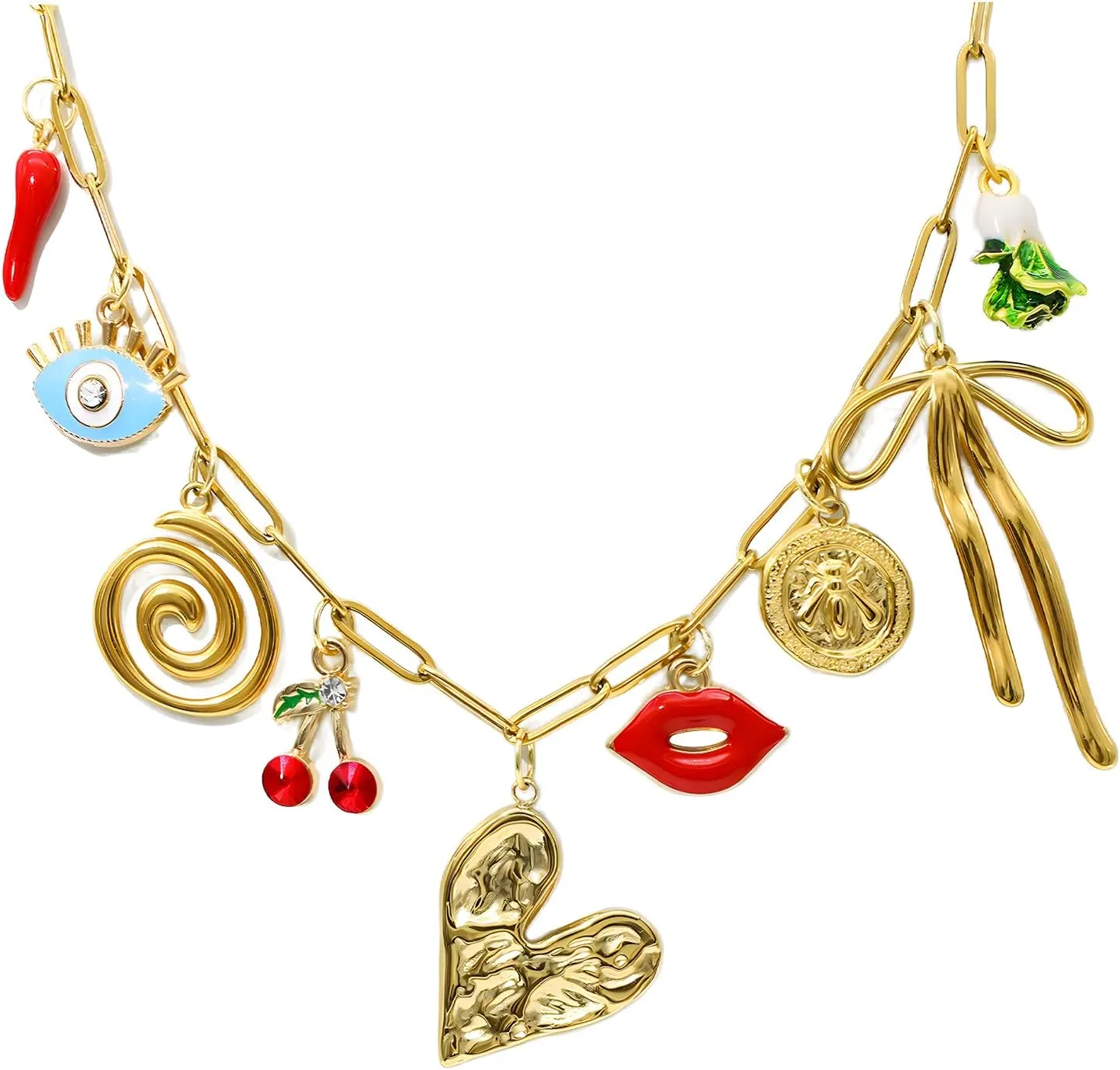 Chunky Gold Charm Necklace for Women DIY Fruit Seashell Beach Charm Necklaces Sun Moon Coins Silver Punk Paperclip Chain Necklaces
