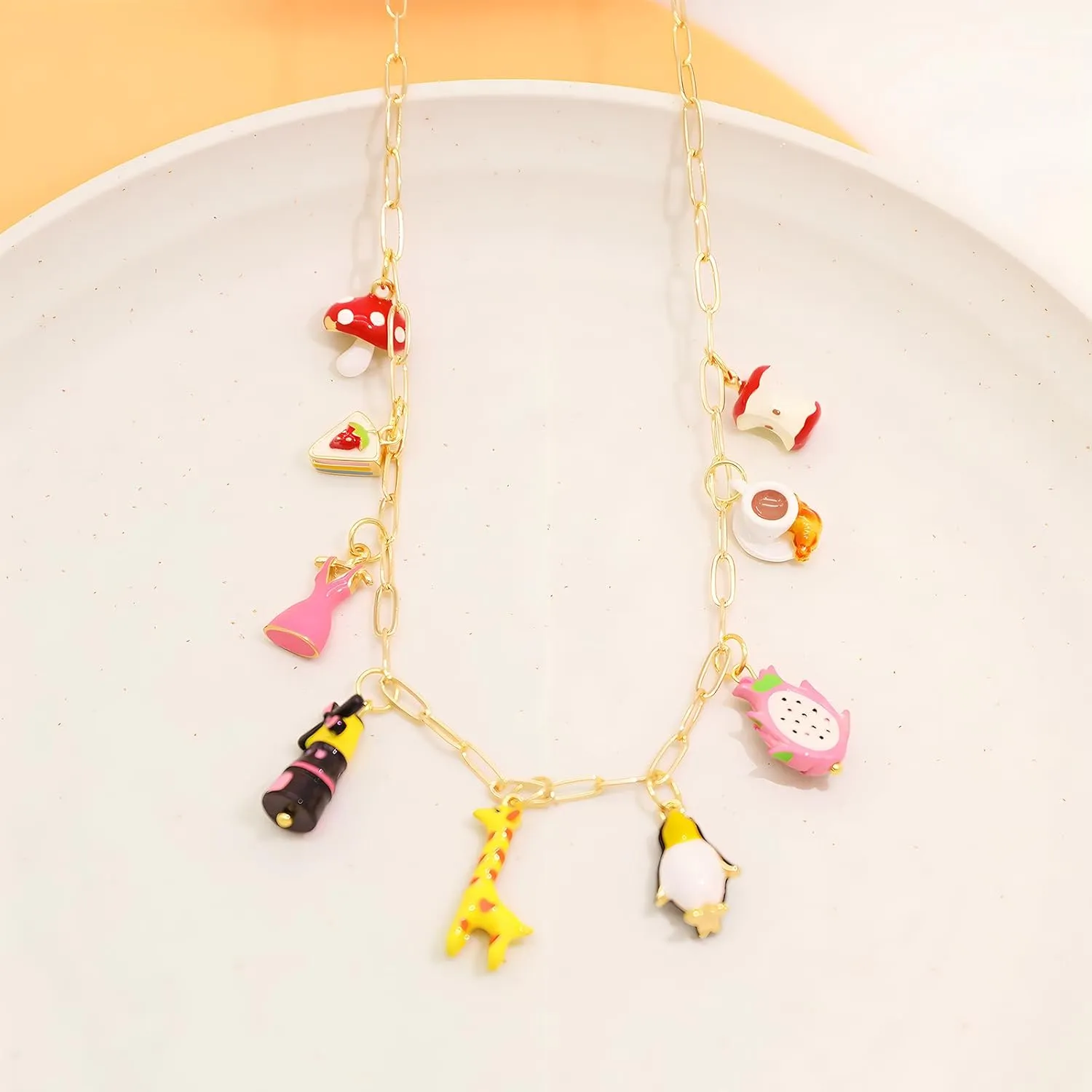 Chunky Gold Charm Necklace for Women DIY Fruit Seashell Beach Charm Necklaces Sun Moon Coins Silver Punk Paperclip Chain Necklaces