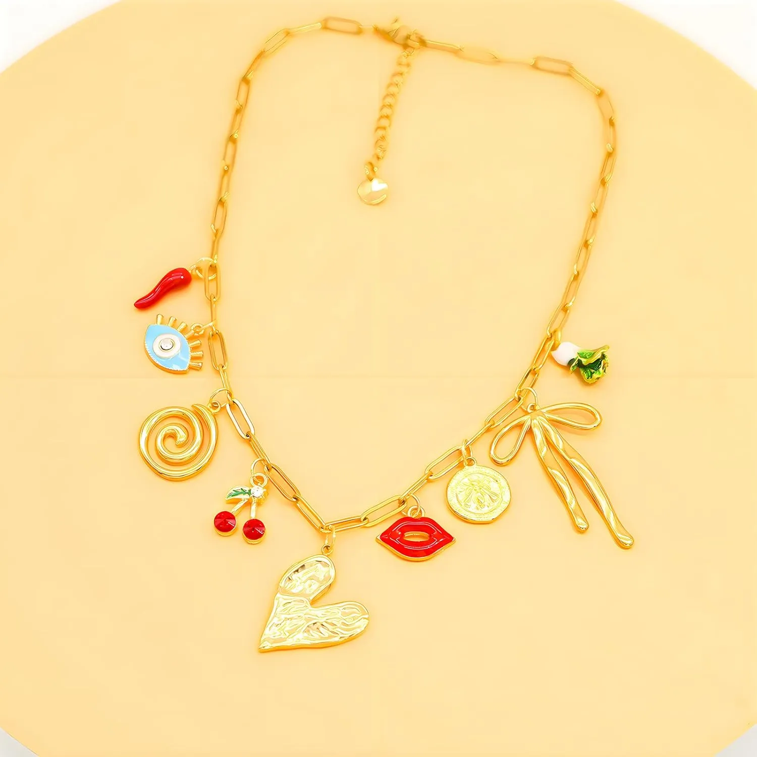 Chunky Gold Charm Necklace for Women DIY Fruit Seashell Beach Charm Necklaces Sun Moon Coins Silver Punk Paperclip Chain Necklaces
