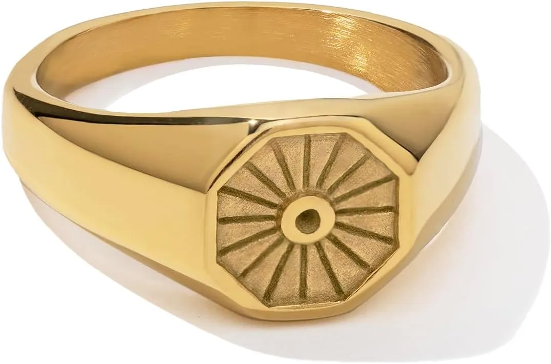 Chunky Gold Silver Signet Ring For Women Men, Statement Pinky Hexagon Sun Signet, Non-Tarnish 18K Gold Plated Stainless Steel Comfort Fit Size 4 5 6 7 8 9 10