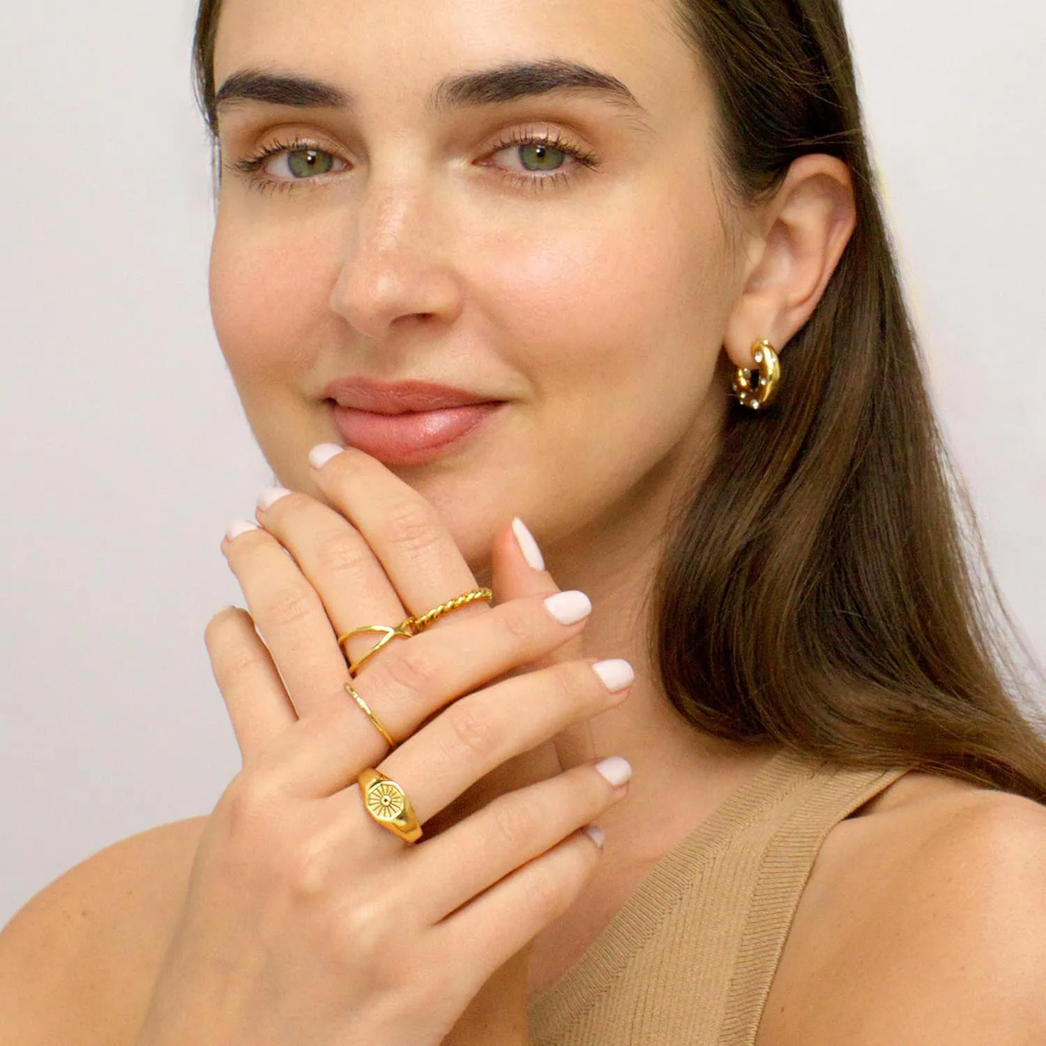 Chunky Gold Silver Signet Ring For Women Men, Statement Pinky Hexagon Sun Signet, Non-Tarnish 18K Gold Plated Stainless Steel Comfort Fit Size 4 5 6 7 8 9 10