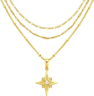 Cicy Bell Womens Four Point Star Layered Necklaces 18k Gold Plated Stackable Pendant Necklace Cubic Zirconia Long Necklace Sets Good Luck Trend Jewelry Gift