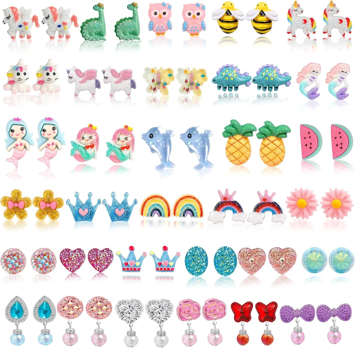 Clip On Earrings for Girls, No Pierced Design Hypoallergenic Kids Clips Earrings Sets Suitable for Ages 4-12 Little Girls Cute Small Stud Earring Jewelry Gifts(Clip On Earrings-32 Pairs)