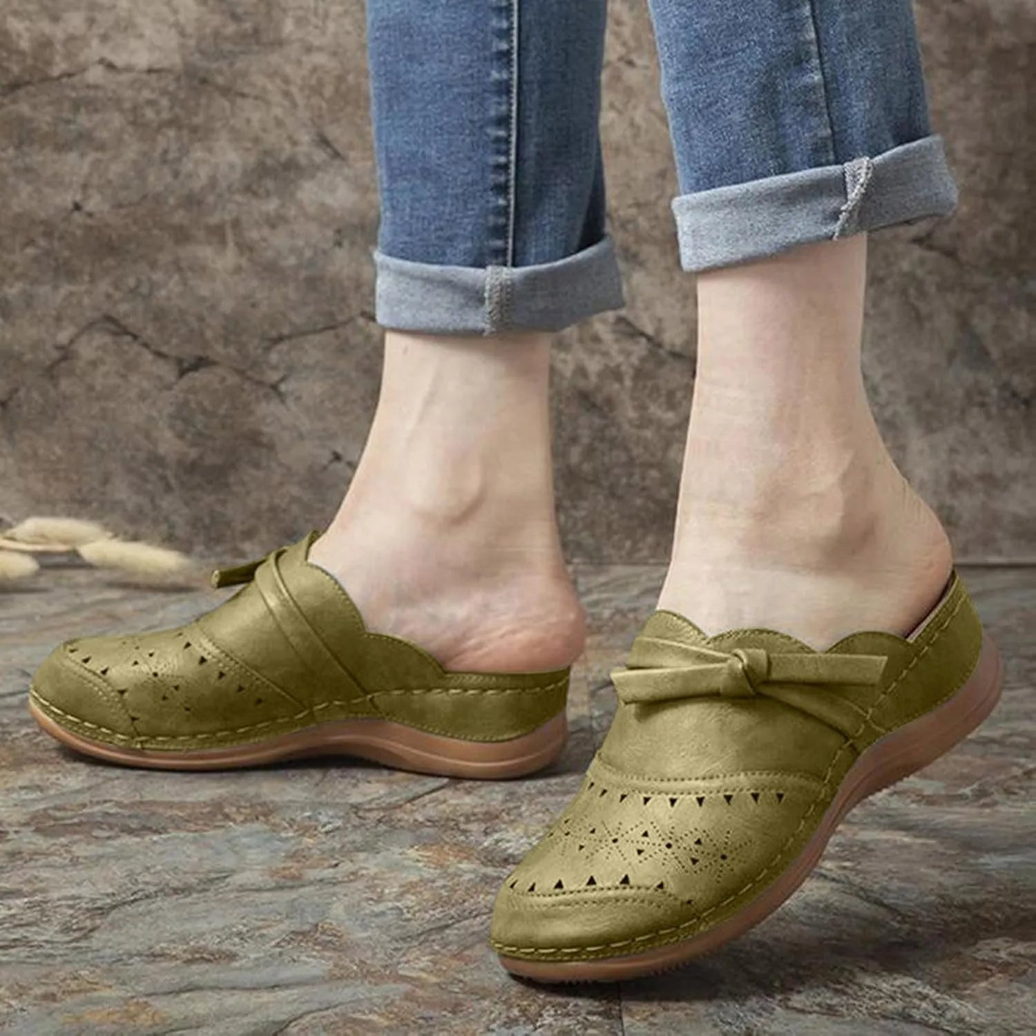 Clogs for Women Comfort Orthopedic Sandals Cork Leather Mules Shoes Hollow Out Wedge Arch Support Beach Closed Toe Slippers