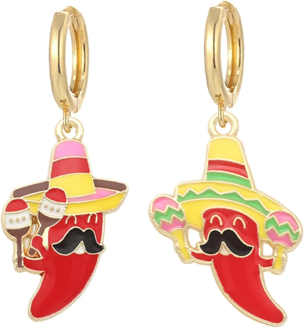 coadipress Cinco De Mayo Hoop Earrings for Women Cute Fiesta Style Red Chili Cactus Horse Mexican Themed Earrings Jewelry Taco Tuesday Dia De Muertos Festivals Earrings