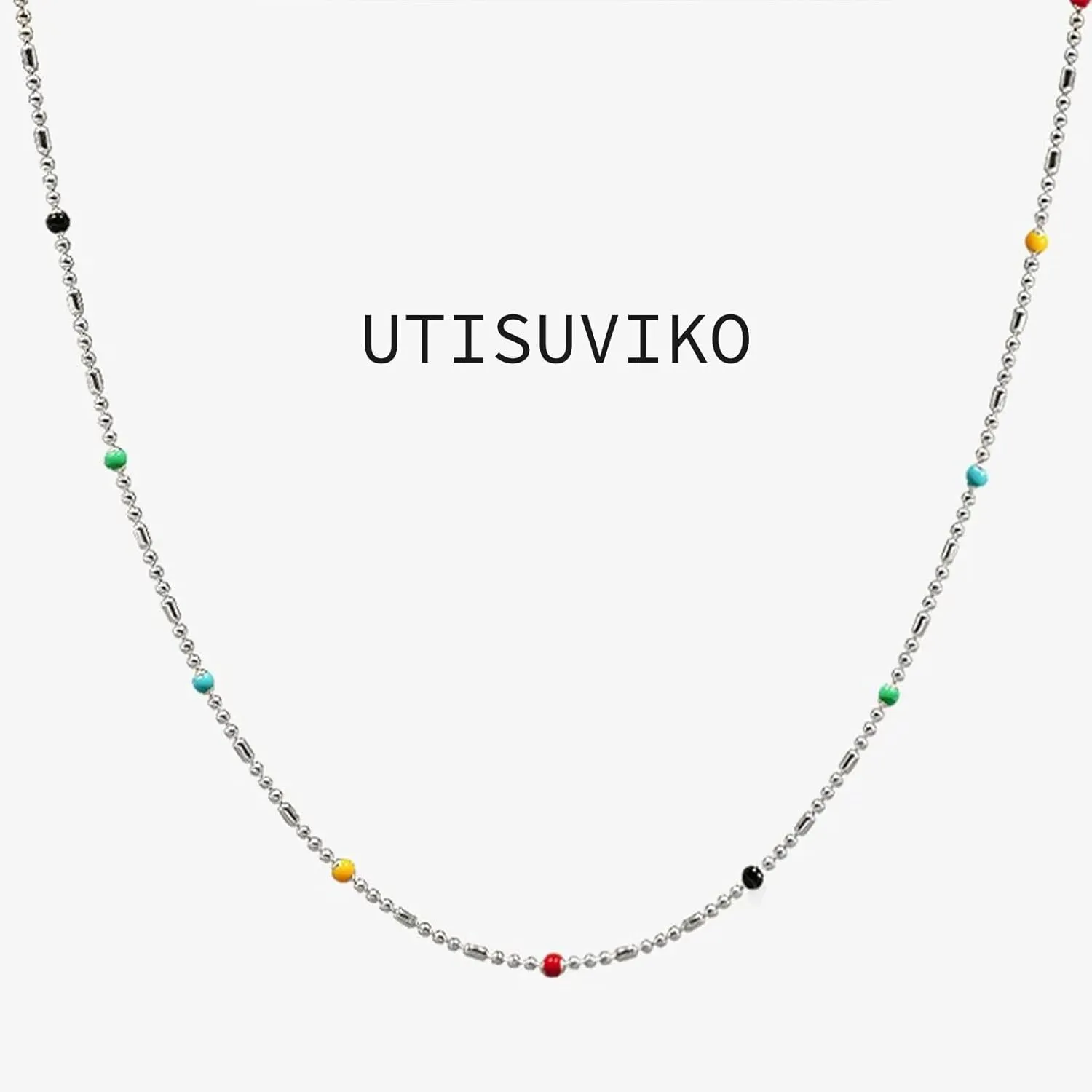Color Beaded Necklace for Women S925 Sterling Silver CZ Crystal Rainbow Necklace Boho Beaded Choker Necklaces Unique Jewelry Gifts for Women Men Birthday Graduation Gifts