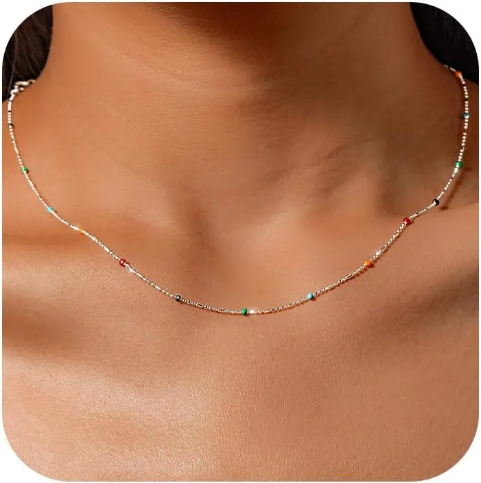 Color Beaded Necklace for Women S925 Sterling Silver CZ Crystal Rainbow Necklace Boho Beaded Choker Necklaces Unique Jewelry Gifts for Women Men Birthday Graduation Gifts