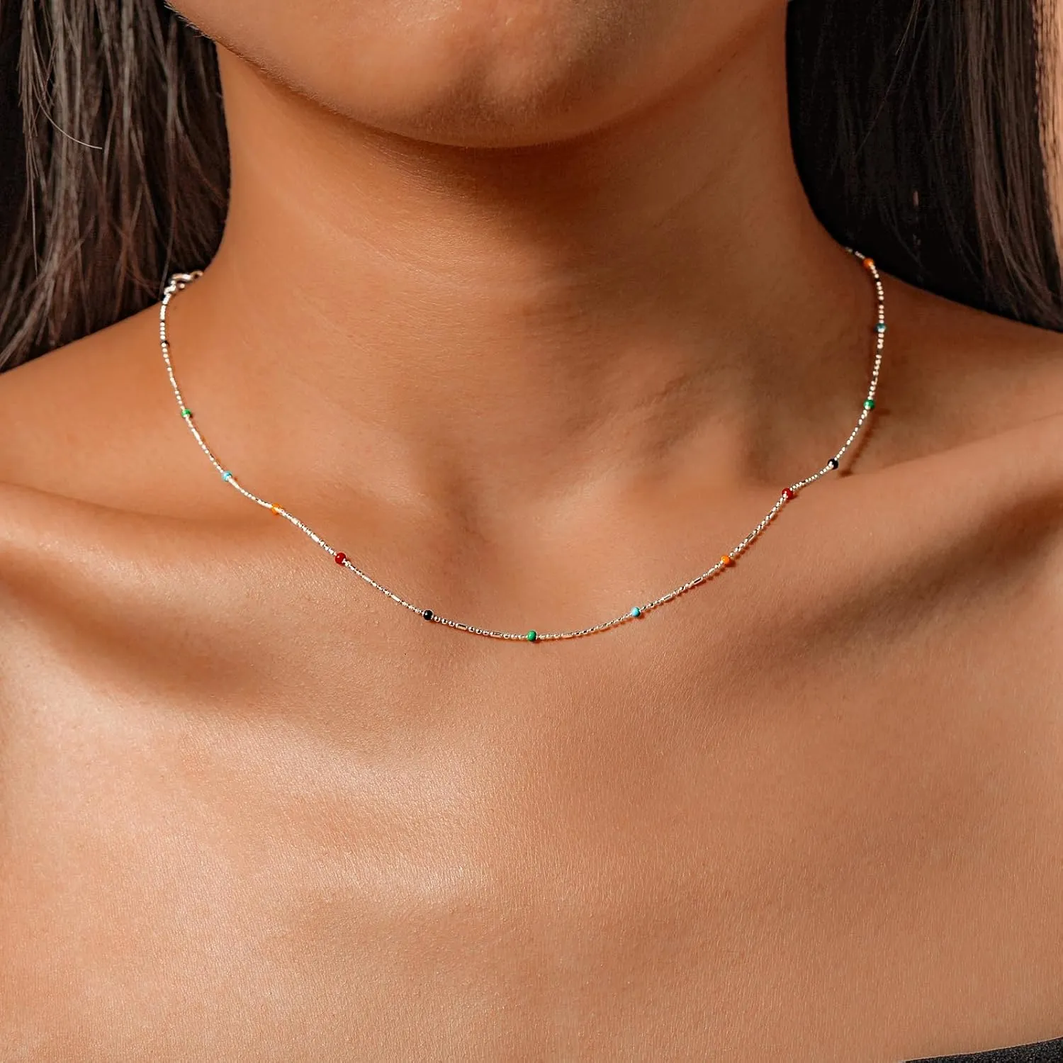 Color Beaded Necklace for Women S925 Sterling Silver CZ Crystal Rainbow Necklace Boho Beaded Choker Necklaces Unique Jewelry Gifts for Women Men Birthday Graduation Gifts