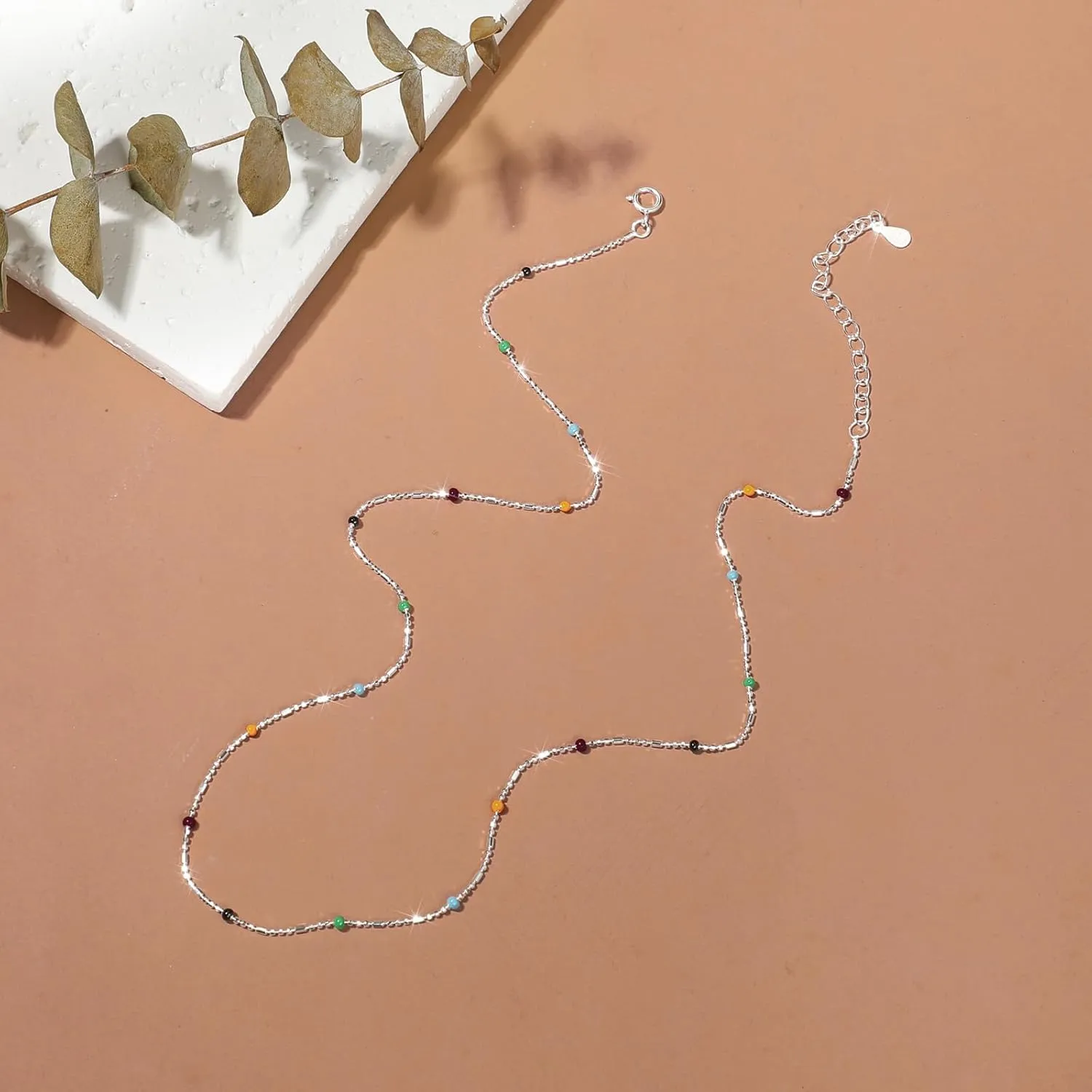 Color Beaded Necklace for Women S925 Sterling Silver CZ Crystal Rainbow Necklace Boho Beaded Choker Necklaces Unique Jewelry Gifts for Women Men Birthday Graduation Gifts