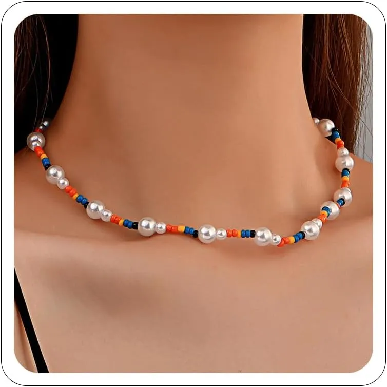 Colorful Beaded Necklaces for Women Dainty Boho Choker Y2K Trendy Summer Beach Vacation Pearl Necklace Accessories Jewelry