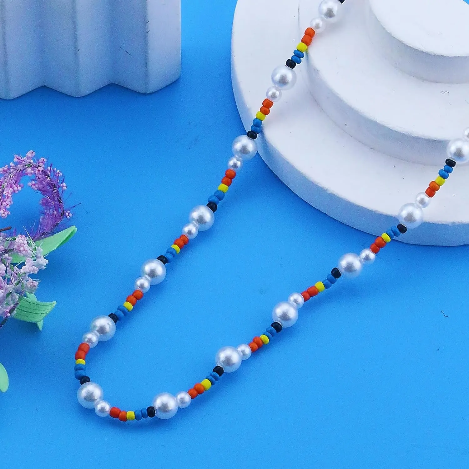Colorful Beaded Necklaces for Women Dainty Boho Choker Y2K Trendy Summer Beach Vacation Pearl Necklace Accessories Jewelry